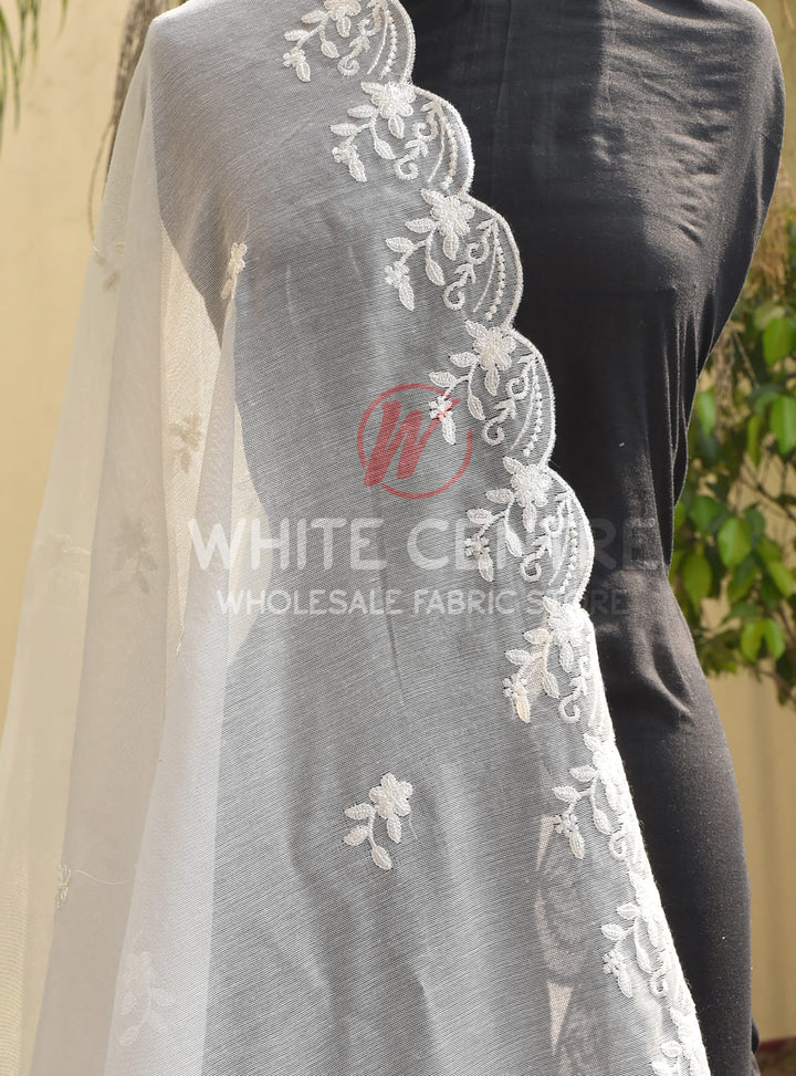 Embroidered Khadi Net (Two sided border) - White Centre Fabrics 