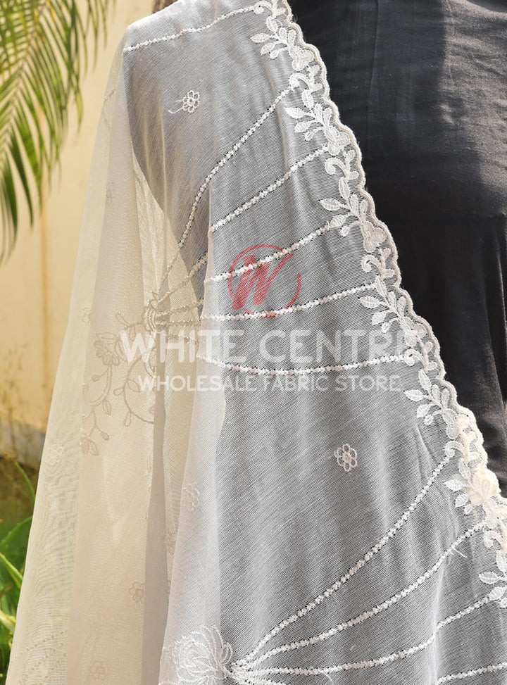 Embroidered Khadi Net (Two sided border) - White Centre Fabrics 