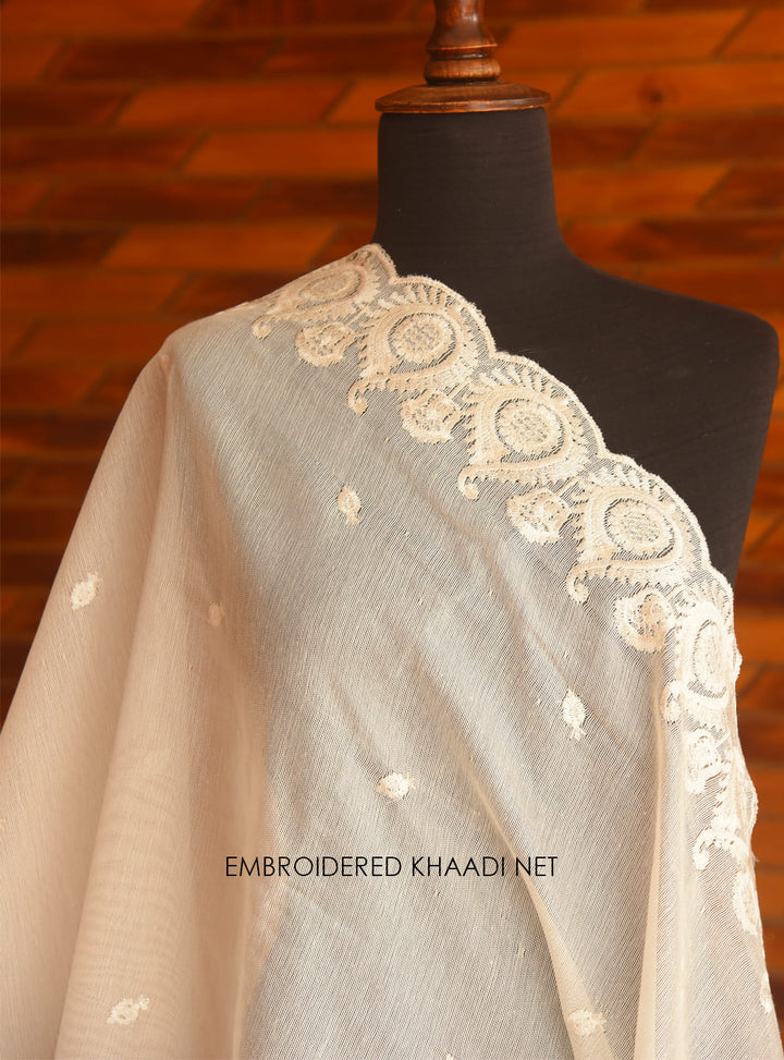 Embroidered Khadi Net (Two sided border) - White Centre Fabrics 