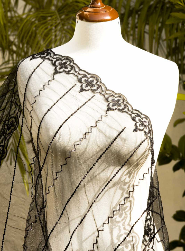 Black Embroidered Net - White Centre Fabrics 