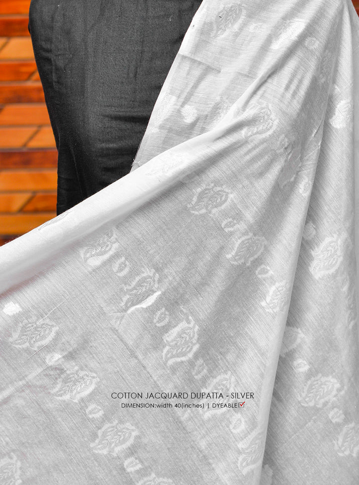 Cotton Jacquard Dupatta - Silver - White Centre Fabrics 