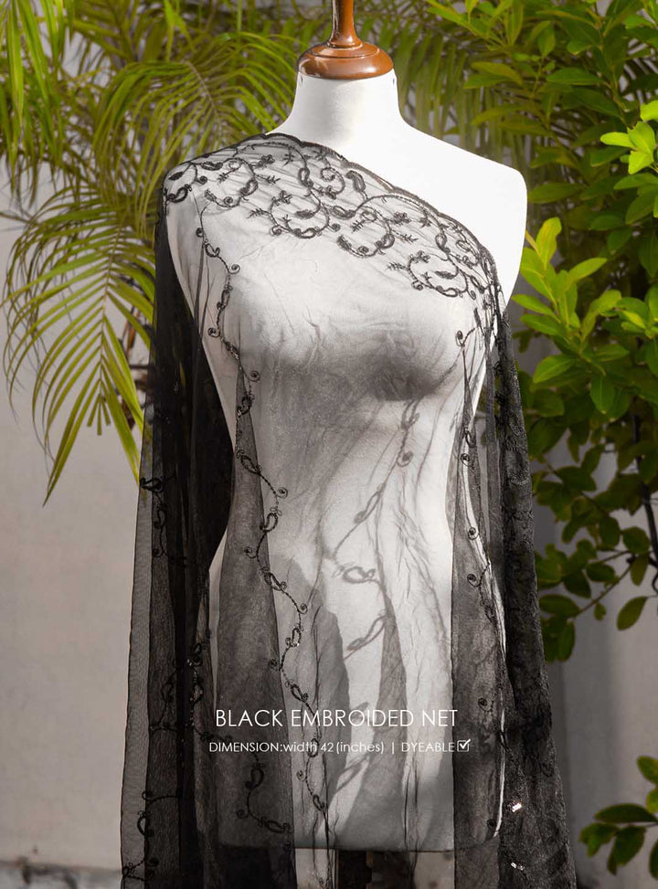 Black Embroidered Net - White Centre Fabrics 