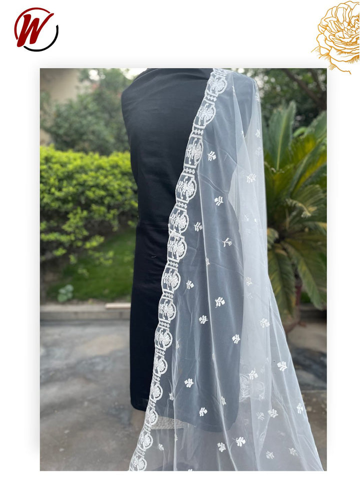 Embroidered Net (Two side border) - White Centre Fabrics 